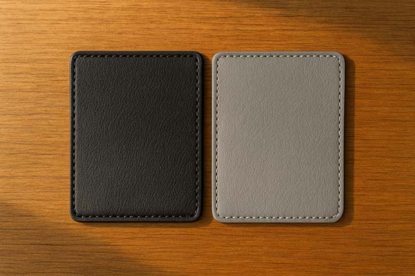 黒とグレーのランドセル革サンプルを並べて比較した写真。色味と質感の違いがよくわかる。