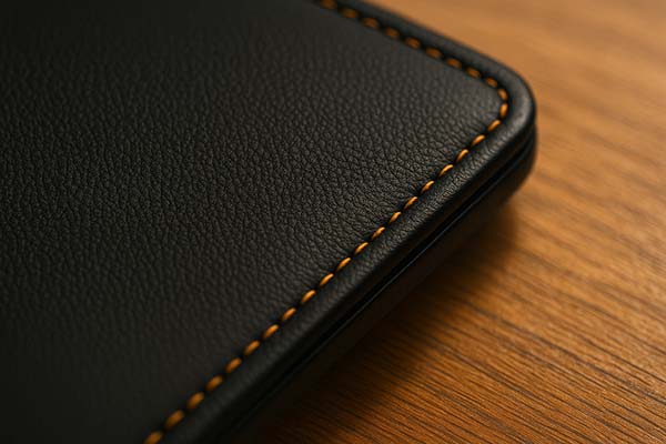 黒いランドセルのカラーステッチ部分をクローズアップした写真。縫い目の色と革の質感が際立っている。