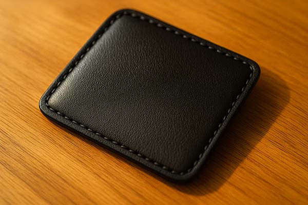 黒いランドセルの革サンプルを机の上に置いた写真。セミグロスの質感が上品に光を反射している。