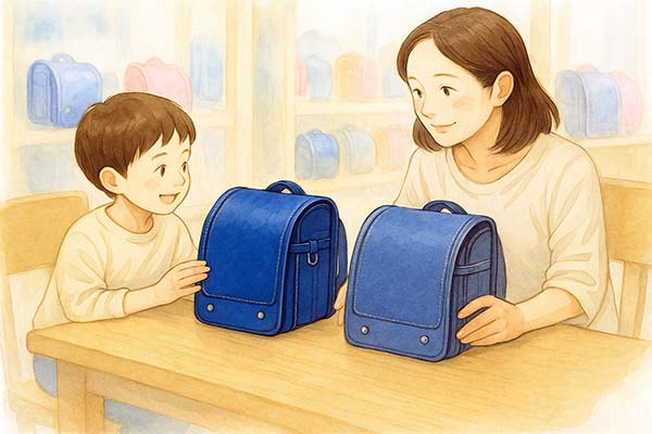 母親と男の子が展示会場で青とネイビーのランドセルを見比べている水彩風イラスト。