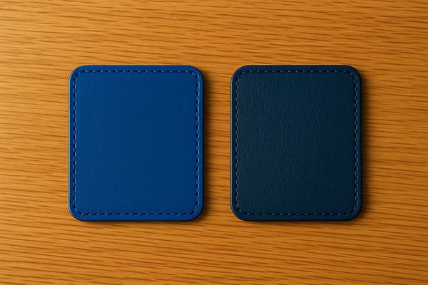 青とネイビーのランドセル革サンプルを並べて比較した写真。色味と質感の違いがよくわかる。