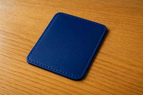 青いランドセルの革サンプルを机の上に置いた写真。セミグロスの質感が自然光を受けて明るく輝いている。