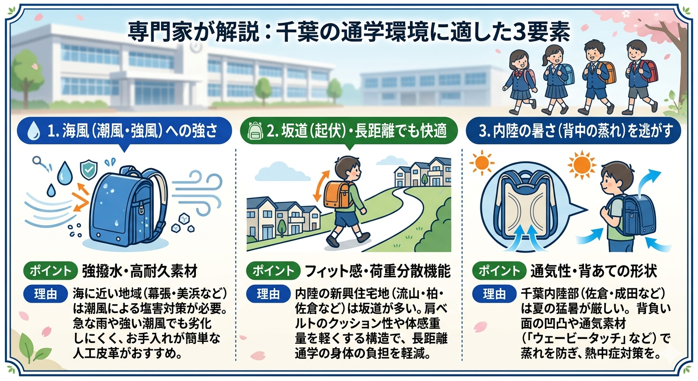 千葉の通学環境(海風・坂道・新興住宅地)に適したランドセルのチェックポイント