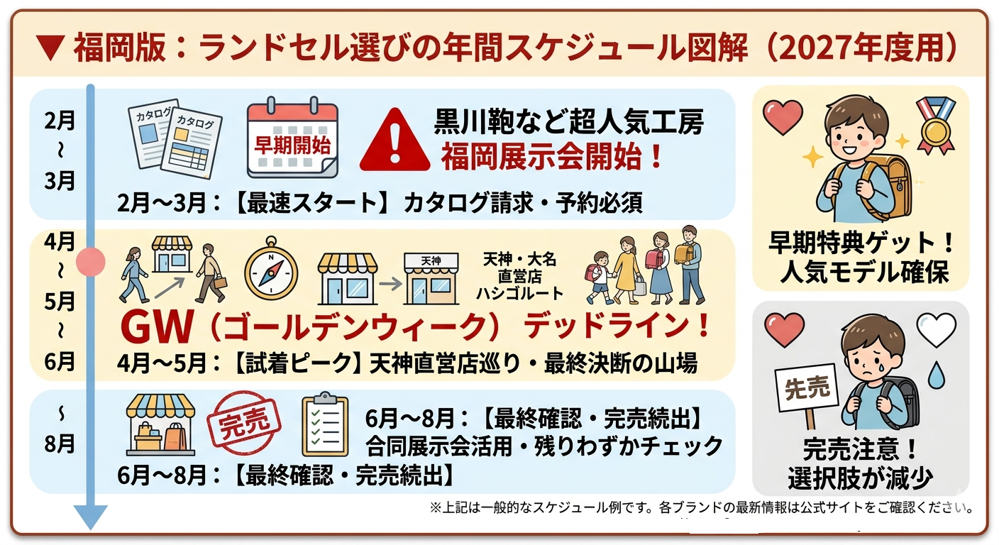 福岡のラン活スケジュール:2月展示会開始、GWに完売ピーク、6月最終確認