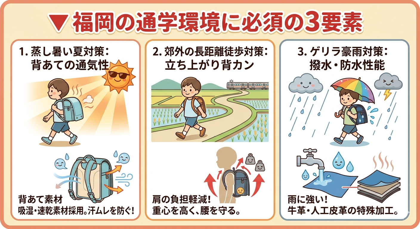 福岡の通学環境(夏の暑さ・長距離通学)に適したランドセルのチェックポイント