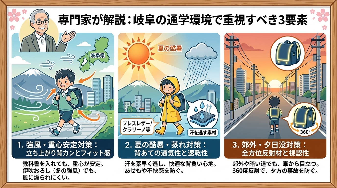 岐阜の通学環境（伊吹おろし・夏の酷暑・郊外の暗い道）に適したランドセルのチェックポイント