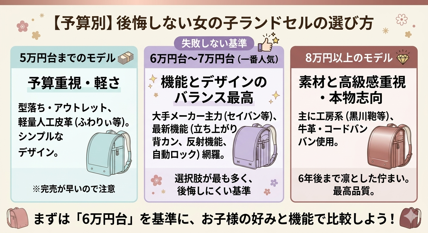 【予算別】後悔しない女の子ランドセルの選び方。5万円台まで:予算抑えたい、アウトレット。6-7万円台(一番人気):失敗しない基準、大手メーカー最新機能。8万円以上:素材重視、高級感、工房系。