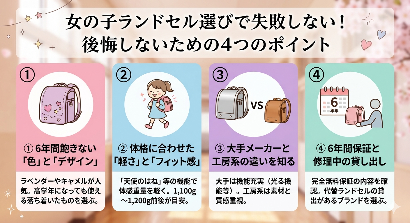 女の子ランドセル選びで失敗しない4つのポイント:1.6年間飽きない色とデザイン、2.体格に合わせた軽さとフィット感、3.大手メーカーと工房系の違い、4.6年間保証と修理中の貸し出し