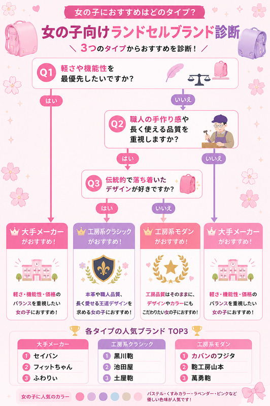 女の子向けランドセルブランド診断チャート｜大手メーカー・工房系クラシック・工房系モダンのおすすめタイプを診断