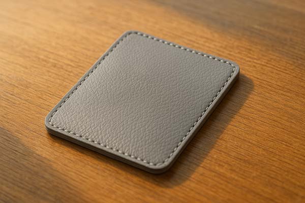 グレーのランドセルの革サンプルを机の上に置いた写真。自然光で革のシボ感と上品なツヤが際立っている。