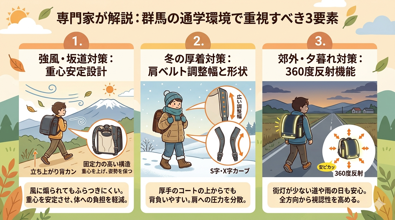 群馬の通学環境（強風・坂道・冬の厚着）に適したランドセルのチェックポイント