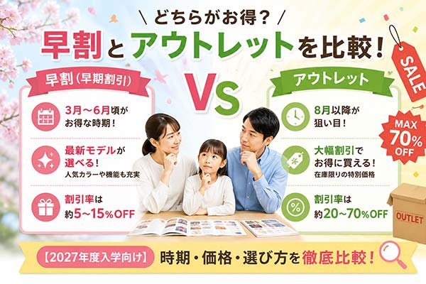 ランドセルの早割とアウトレット【2027】どちらがお得?時期・価格・選び方を比較