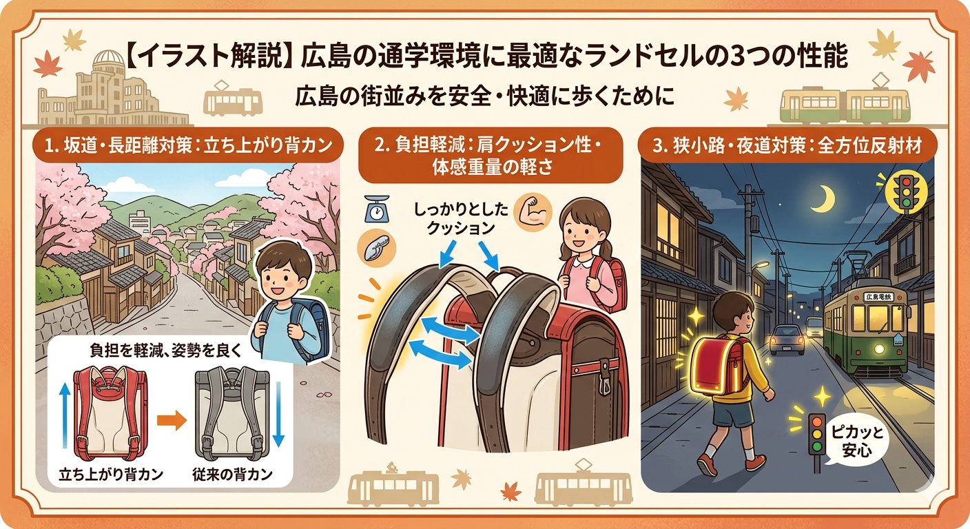 広島仕様のチェックポイント比較図（立ち上がり背カン、クッション性、360度反射材）