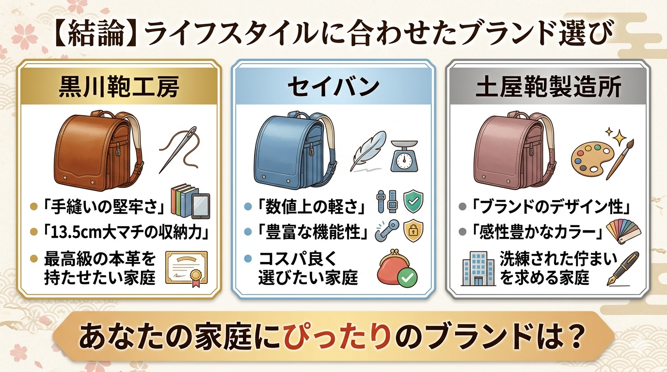 ランドセルブランド選び比較|黒川鞄(手縫い・大マチ)・セイバン(軽さ・機能性)・土屋鞄(デザイン・カラー)の違い
