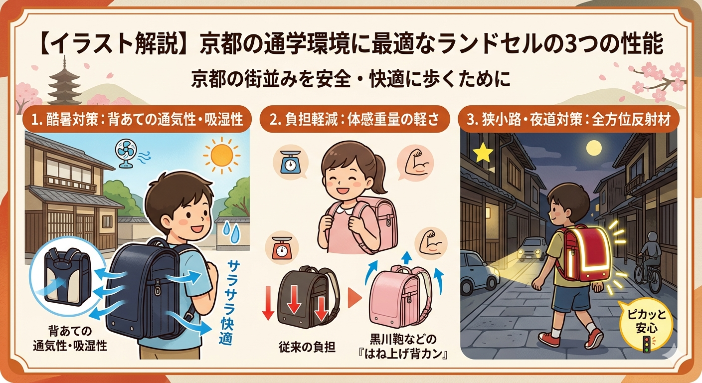 京都仕様のチェックポイント比較図（通気構造、体感重量、安全反射材）