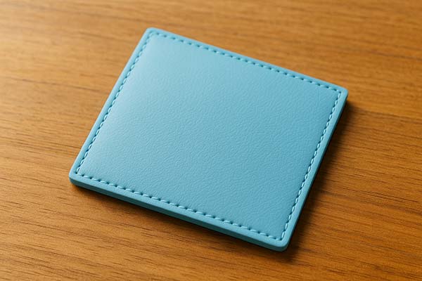 水色のランドセル革サンプルを机の上に置いた写真。明るく爽やかなトーンと透明感のある質感がわかる。