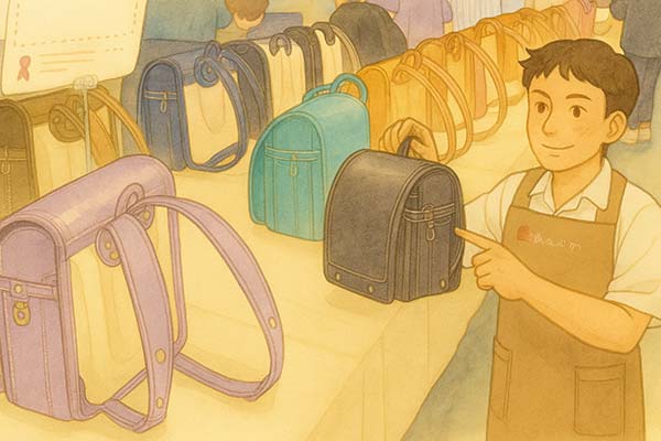 中村鞄のランドセル展示会の様子（革の仕上げ説明風景）