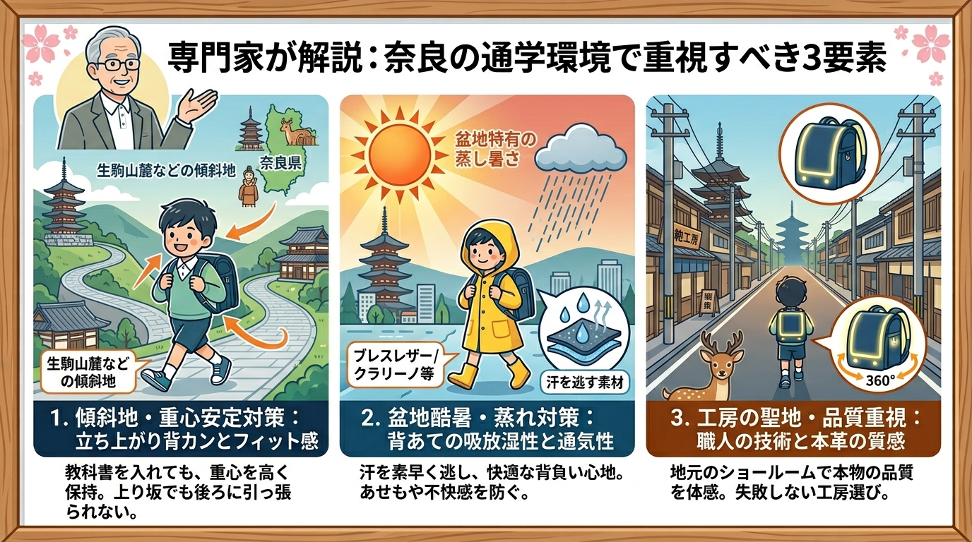 奈良の通学環境（生駒・奈良市の坂道、盆地の酷暑、工房の聖地）に適したランドセルのチェックポイント