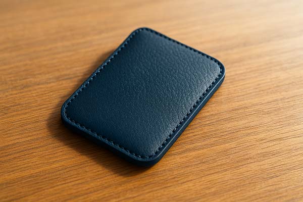 ネイビーのランドセルの革サンプルを机の上に置いた写真。落ち着いた色味と上品なマット質感が伝わる。
