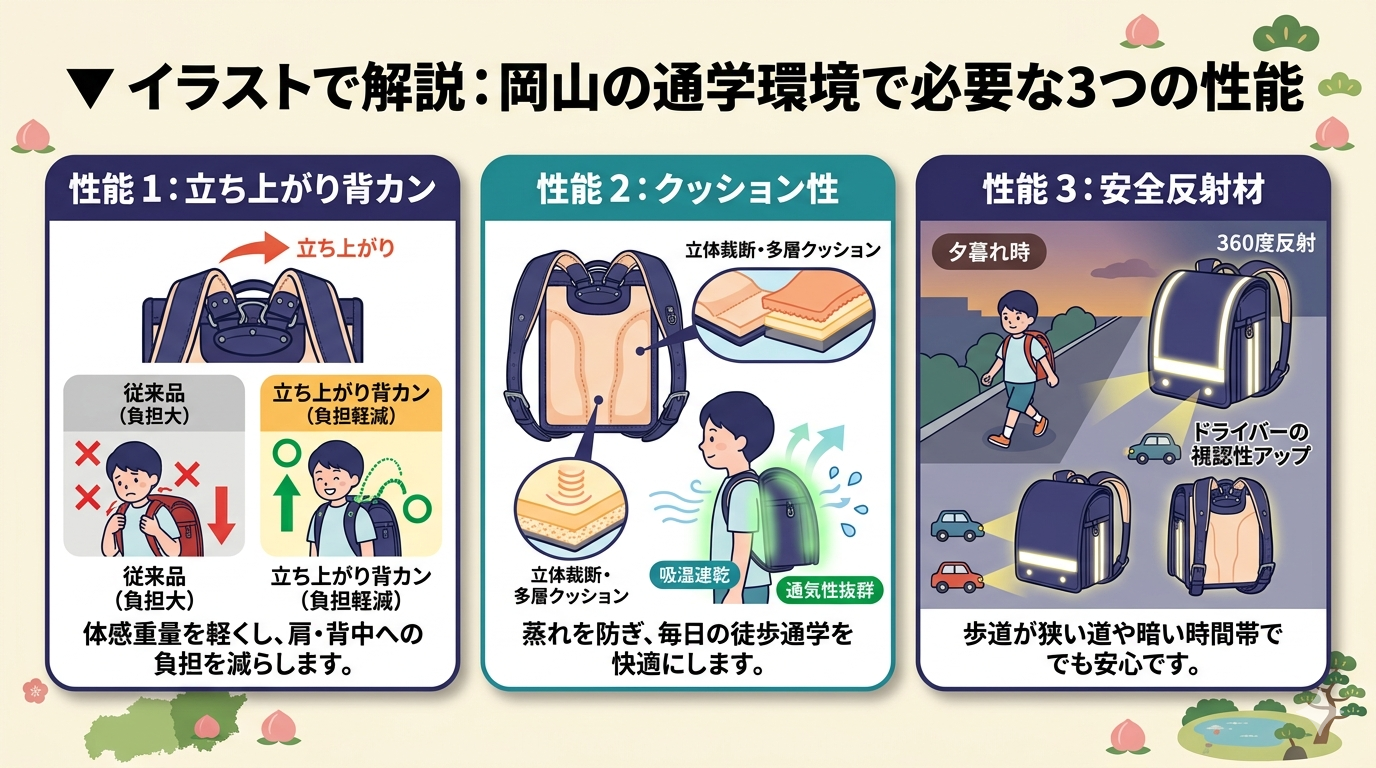 岡山仕様のチェックポイント比較図(立ち上がり背カン、クッション性、安全反射材)