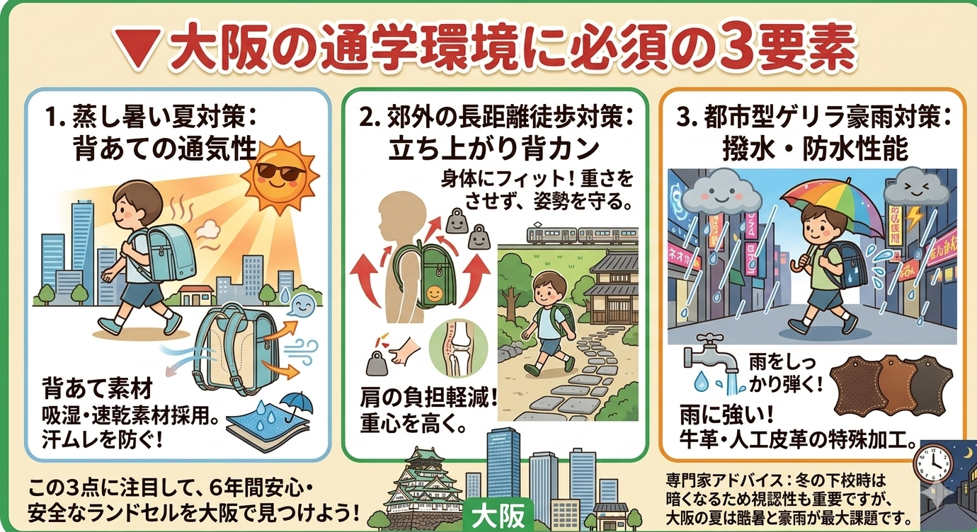 大阪の通学環境（都市部の混雑・長距離通学）に適したランドセルのチェックポイント