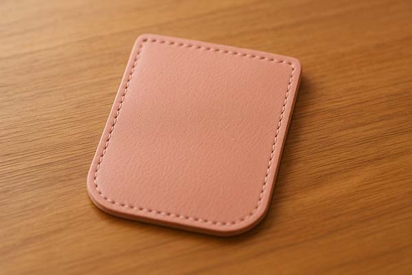 ピンクのランドセル革サンプルを机の上に置いた写真。明るくやわらかな質感が特徴で、やさしい印象の色合いが伝わる。
