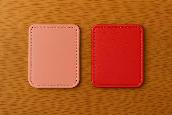 ピンクと赤のランドセル革サンプルを並べて比較した写真。色味と質感の違いがわかるように撮影されている。