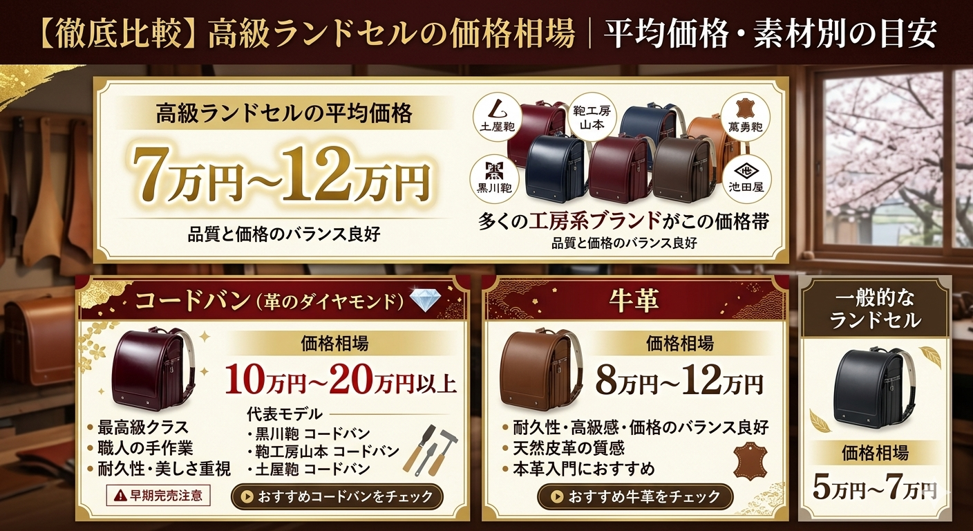 高級ランドセルの価格相場まとめ:コードバン(10-20万円)、牛革(8-12万円)、工房系平均(7-12万円)の素材別比較