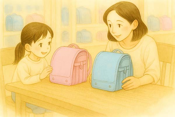 展示会のテーブルで母親と女の子が紫と水色のランドセルを見比べている水彩風イラスト。やわらかな光で色の違いが伝わる。