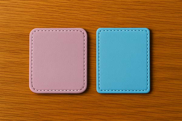 紫と水色のランドセル革サンプルを左右に並べて比較した写真。色味と質感の違いが一目でわかる構図。