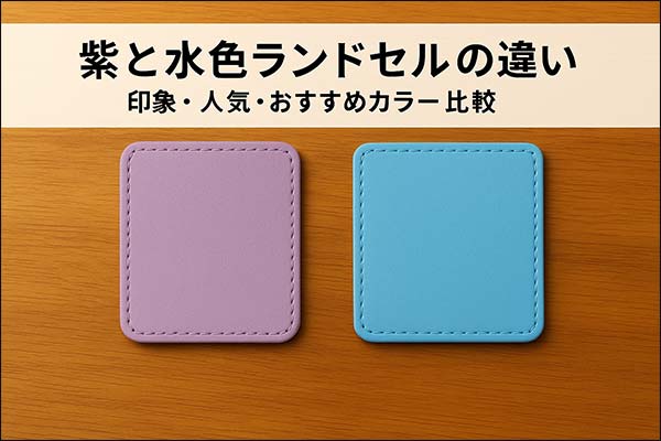 紫と水色ランドセルの違い|印象・人気・おすすめカラー比較のタイトル画像。木目の机上に革サンプルと白帯のタイトルを配置したデザイン。