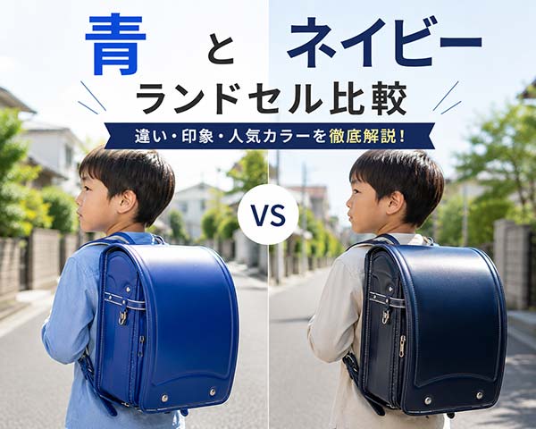 青とネイビーのランドセルを比較している男の子