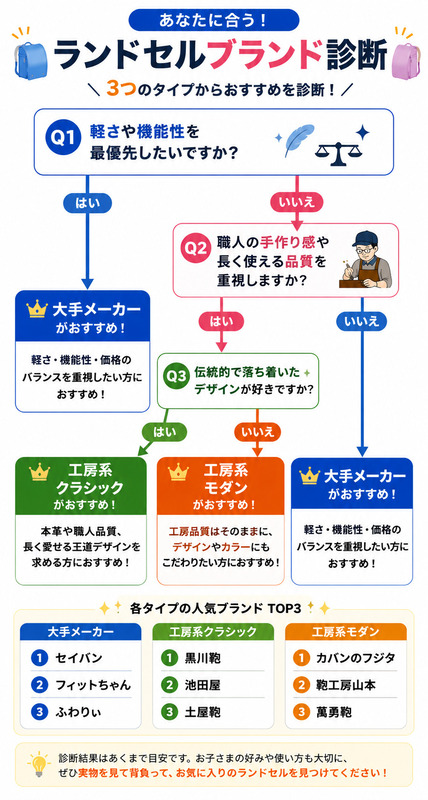 ランドセルブランド診断チャート｜大手メーカー・工房系クラシック・工房系モダンのおすすめタイプを診断