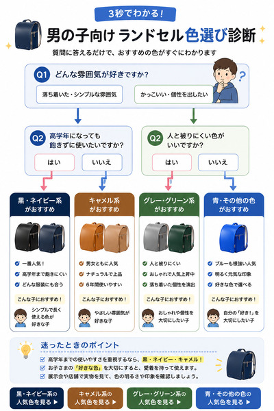 男の子向けランドセル色選び診断チャート｜黒・ネイビー・キャメル・グリーンのおすすめカラーを診断