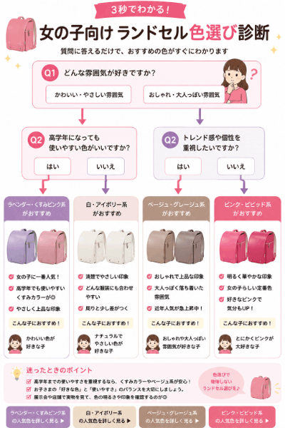 女の子向けランドセル色選び診断チャート｜ラベンダー・ピンク・ベージュ・白のおすすめカラーを診断