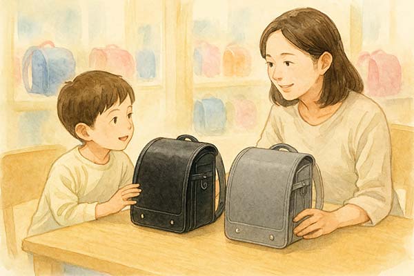 母親と5歳くらいの男の子が展示会場で黒とグレーのランドセルを見比べている水彩風イラスト。