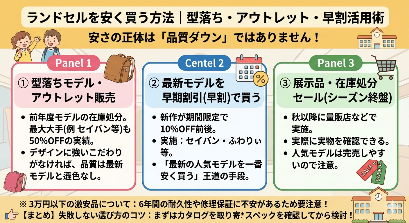 ランドセルを安く買う3つの方法まとめ：型落ちアウトレット、早期割引、展示品・在庫処分セール