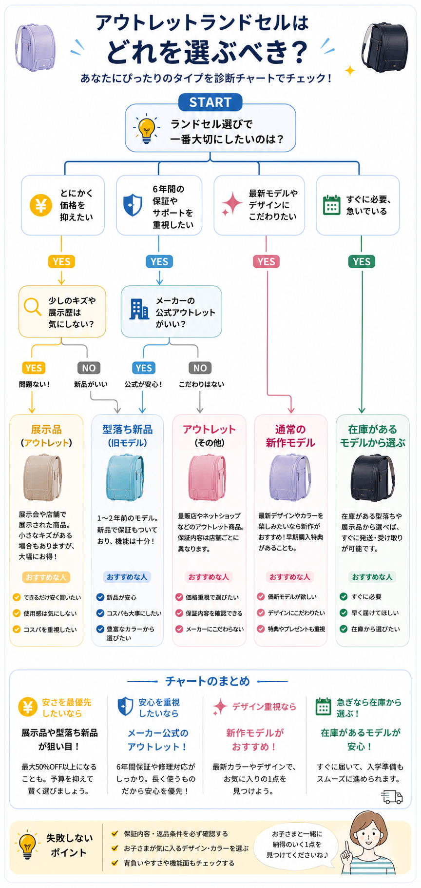 アウトレットランドセルの選び方を価格・保証・デザイン別に比較した診断チャート