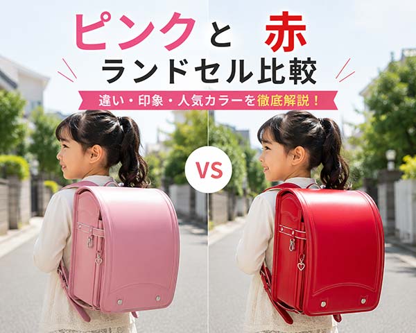 ピンクと赤のランドセルを比較している女の子