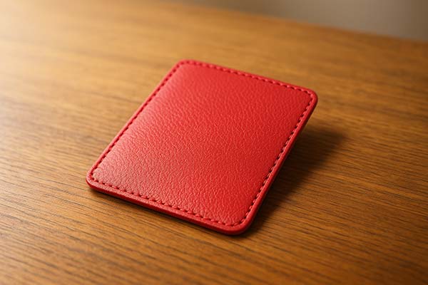 赤いランドセルの革サンプル。深みのあるワインレッド調で上品な印象を与える。