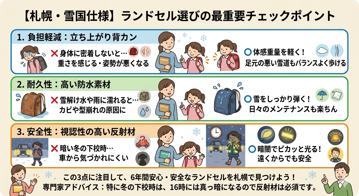 雪国仕様のチェックポイント比較図(立ち上がり背カン、防水素材、反射材)