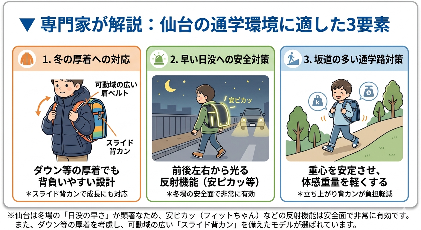 仙台の通学環境(冬の厚着・早まる日没・坂道)に適したランドセルのチェックポイント