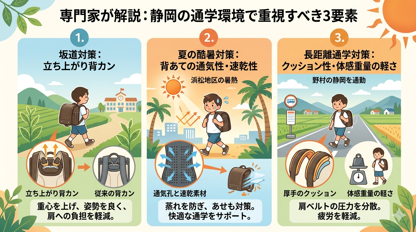 静岡の通学環境（坂道・夏の酷暑・長距離通学）に適したランドセルのチェックポイント