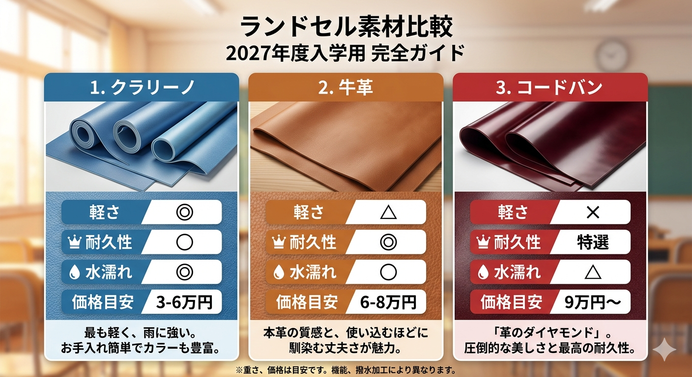 ランドセル素材比較（クラリーノ・牛革・コードバン）
