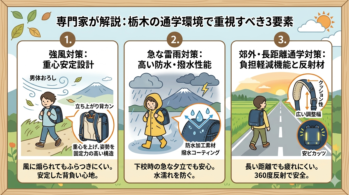 栃木の通学環境(強風・雷雨・長距離通学)に適したランドセルのチェックポイント
