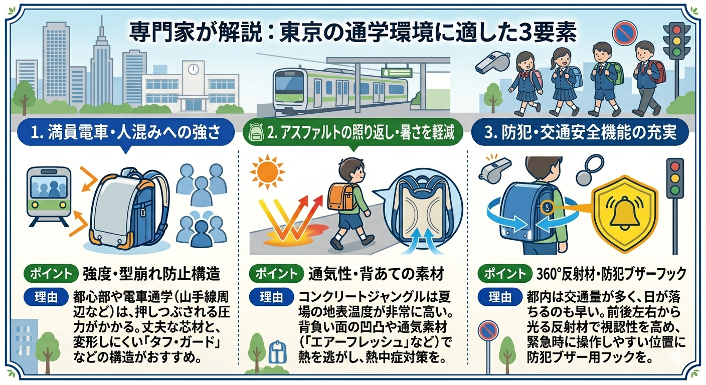 東京の通学環境(満員電車・アスファルト照り返し・交通安全)に適したランドセルのチェックポイント
