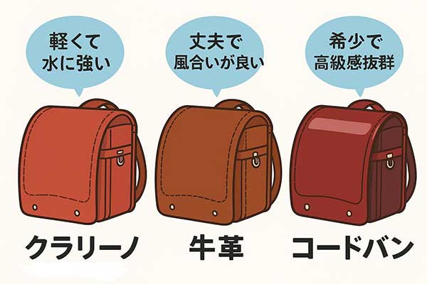 クラリーノ・牛革・コードバンのランドセル素材比較図