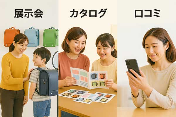 ランドセル選びで展示会・カタログ・口コミを活用する親子のイメージ